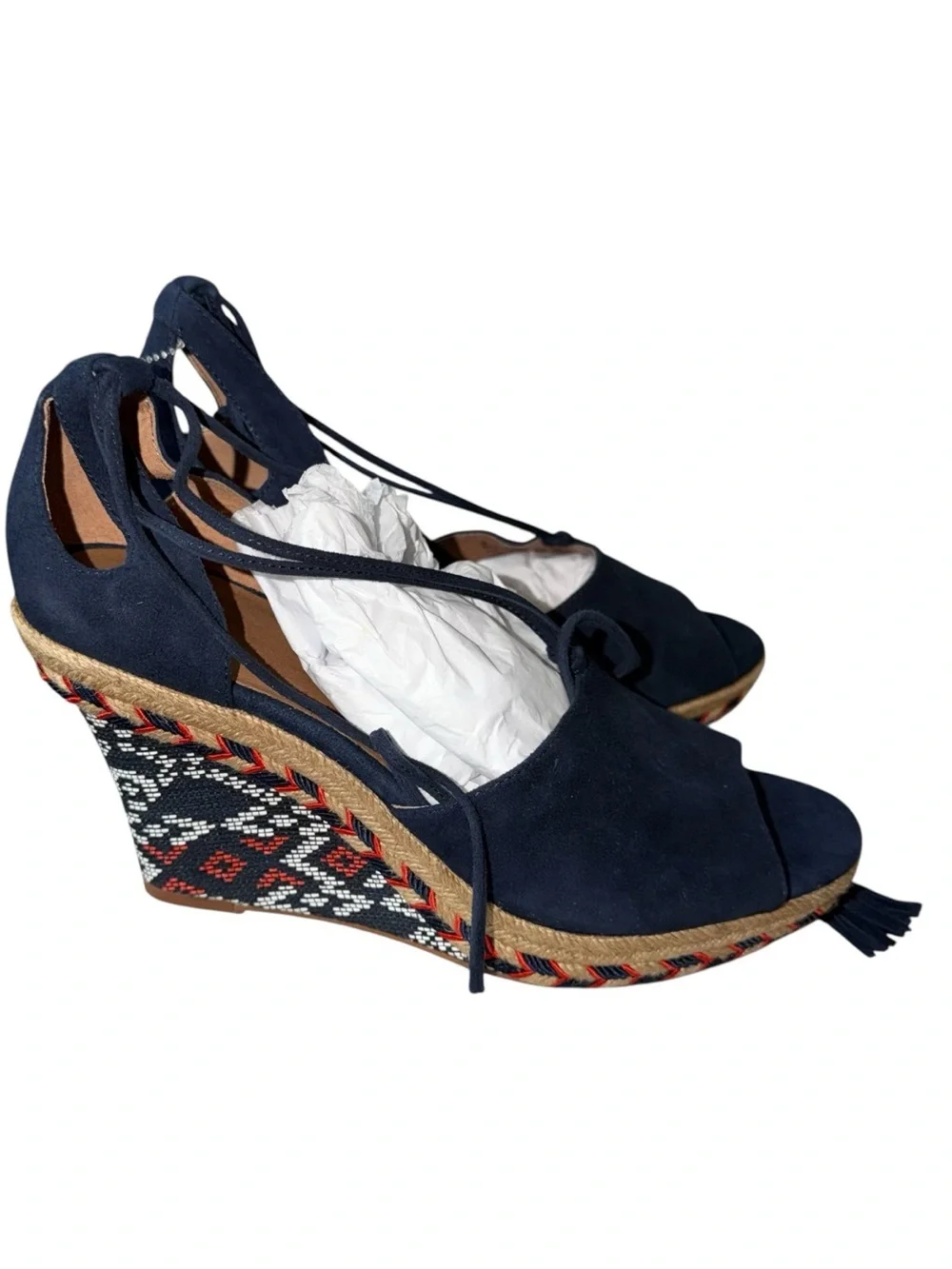 CAbi Navy Suede Espadrille Wedges with Tassel Ankle Tie